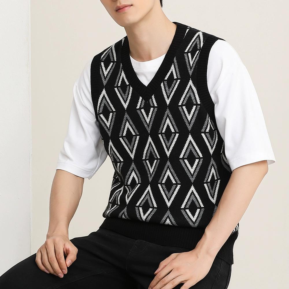 Мужской вязаный свитер с V-образным вырезом, жилет без рукавов с ромбовидным узором, пуловер, приталенный топ