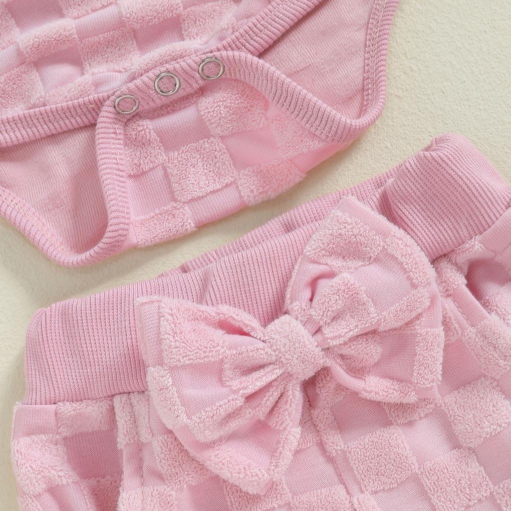 3-Piece Baby Girls Set Checkered Button Long Sleeve Round Neck Ruffled Romper Bow Long Pants Hair Band Outfits