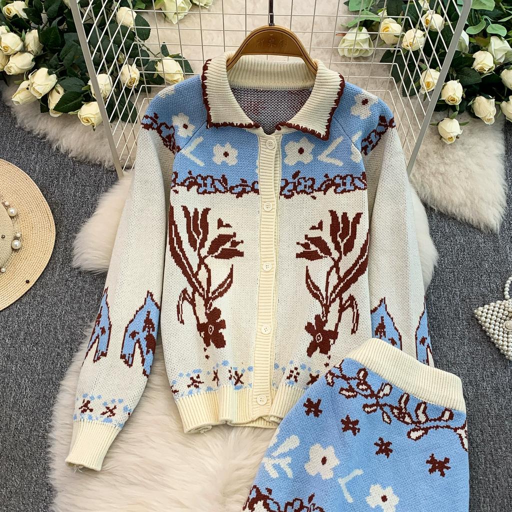 Autumn Winter Women Vintage Tulip Jacquard Knitted Sweater Two Piece Set Single Breasted Cardigans and Mini Pleated Skirt Outfits