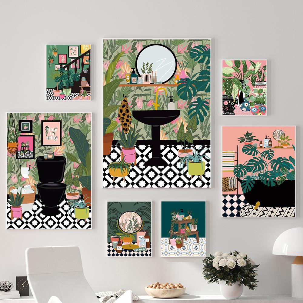 Тропические растения. Растения для ванной комнаты. Скандинавский плакат. Богемное украшение с зелеными листьями.