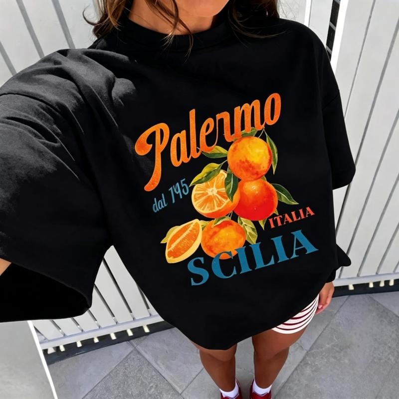 TXOrange Short Sleeved Shirt Printed T-shirt Women's Summer Round Neck Fruit Letter Pattern New Style Women Clothes T Shirt