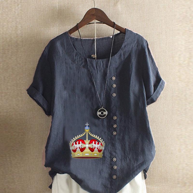 Женская модная футболка с круглым вырезом и коротким рукавом с принтом «Корона», повседневная рубашка из хлопка и льна с рисунком, свободная летняя блузка для отдыха, топы
