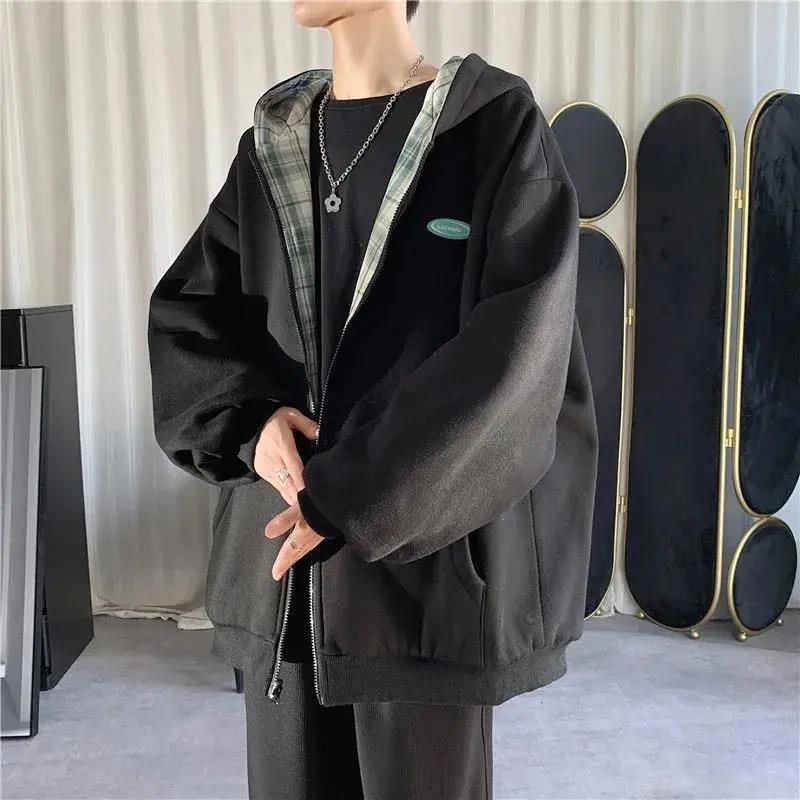 Двусторонняя куртка для мужчин и женщин, весенне-осенняя свободная японская бейсбольная форма, универсальный кардиган, теплая куртка с капюшоном и длинными рукавами