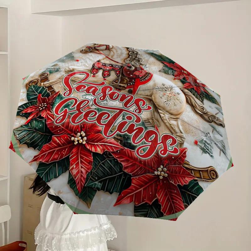 1pc Seasons Greetings Christmas Horse Umbrella with Plastic Handle,Suitable for All Seasons Home Travel Outdoor UmbrellaDD257