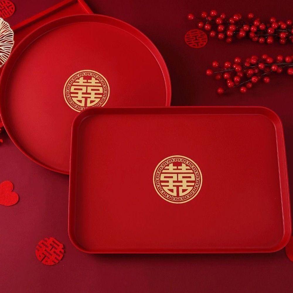 1Pcs Wedding Banquet Xi Tray Festive Supplies Chinese Traditional Plate Durable Red Tray