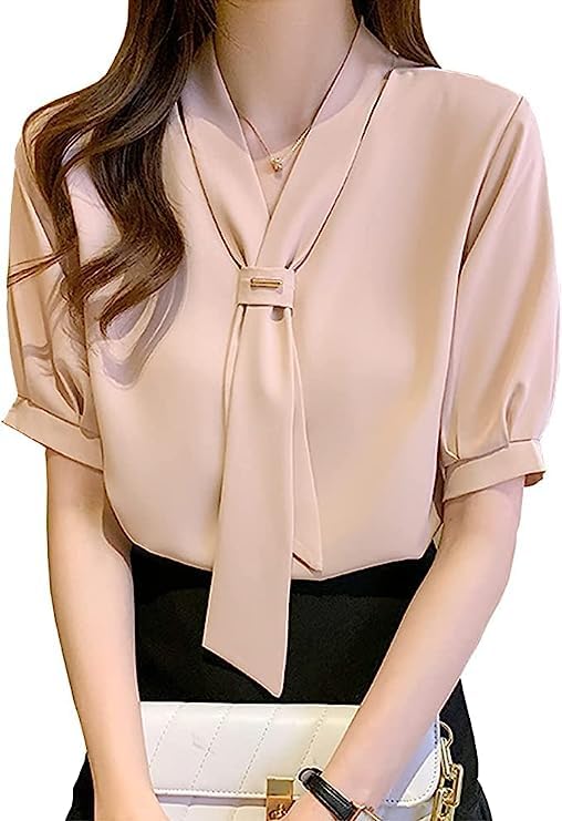 Tie Blouse Short Sleeve Shirt Blouse Office Top Chiffon Bow Elegant Pleated Splicing Slim Fit Fashion Cute Business Puff Sleeve Bow Top Commuting