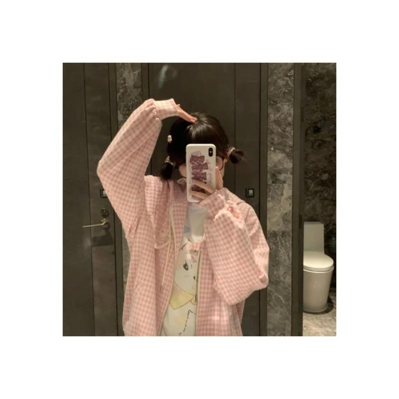 Autumn and Winter Sweet and Cute Style Strawberry Cake Embroidery Pink Plaid Love Zipper Sweatshirt Jacket Loose