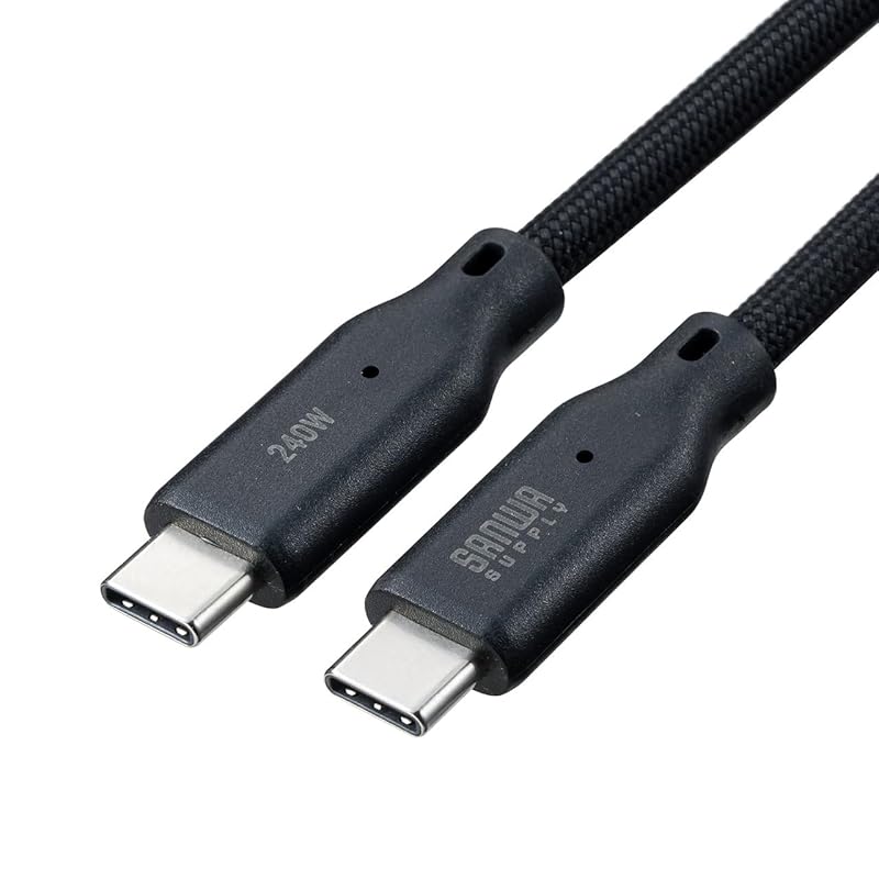 Кабель Sanwa Direct USB-C, совместимый с быстрой зарядкой, спиральный кабель PD240W, магнит, передача данных 480 Мбит/с, сетчатый кабель CtoC, 2 м, черный 500-USB088-2BK
