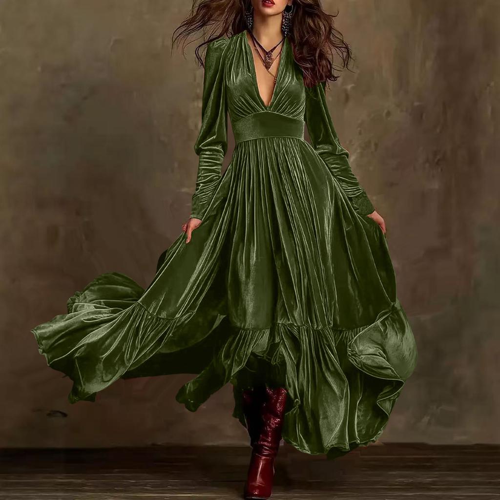 Women's Pleated V-neck Flowy Long-sleeve Belted A-line Velvet Dress, French Retro Ruffled Swing Dress