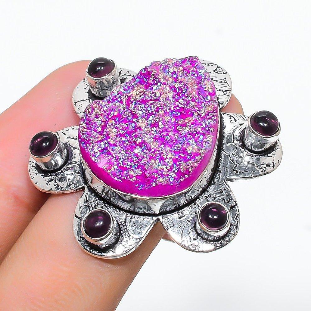 Кольцо из натурального розового титана с аметистовым камнем, стерлинговое серебро 925 пробы S.7 E5T80