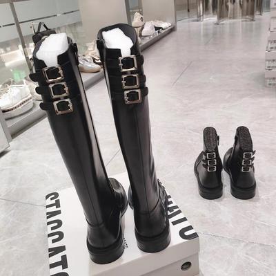 Женские черные ботинки-рыцари на кожаной платформе с тремя ремешками и пряжками, на молнии, новые ботинки, высокие ботинки