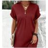 Elegant Two Buttons Decoration V Neck Pullover Dresses Women Solid Color Short Sleeve Dress Summer Female Daily Casual Mini Gown