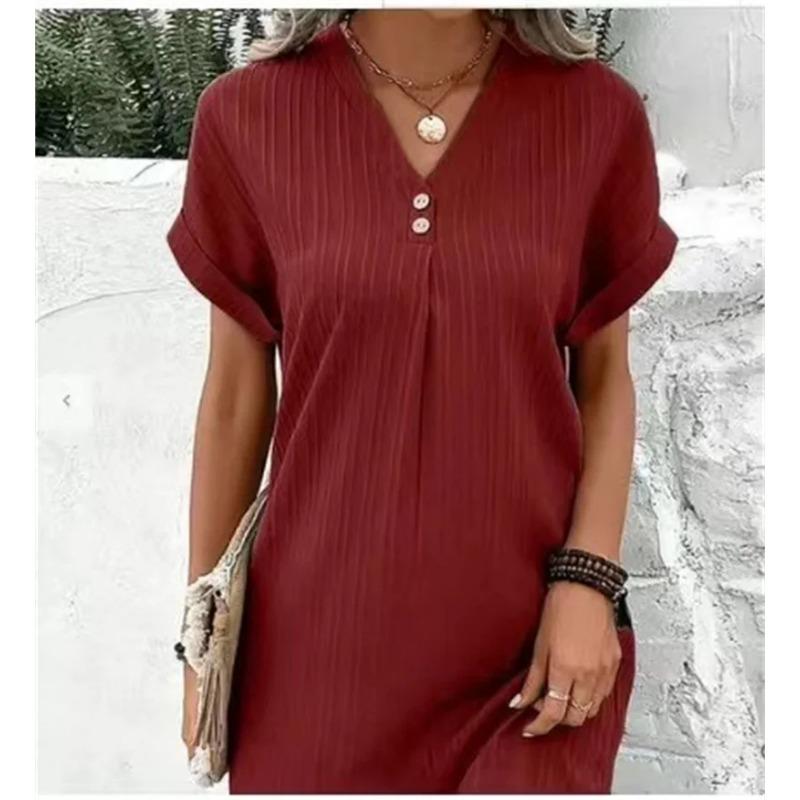 Elegant Two Buttons Decoration V Neck Pullover Dresses Women Solid Color Short Sleeve Dress Summer Female Daily Casual Mini Gown