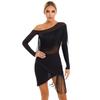 Womens Tango Dance Dress Oblique Shoulder Fringed Design with Sheer Mesh Patchwork and Irregular Hem Latin Costume