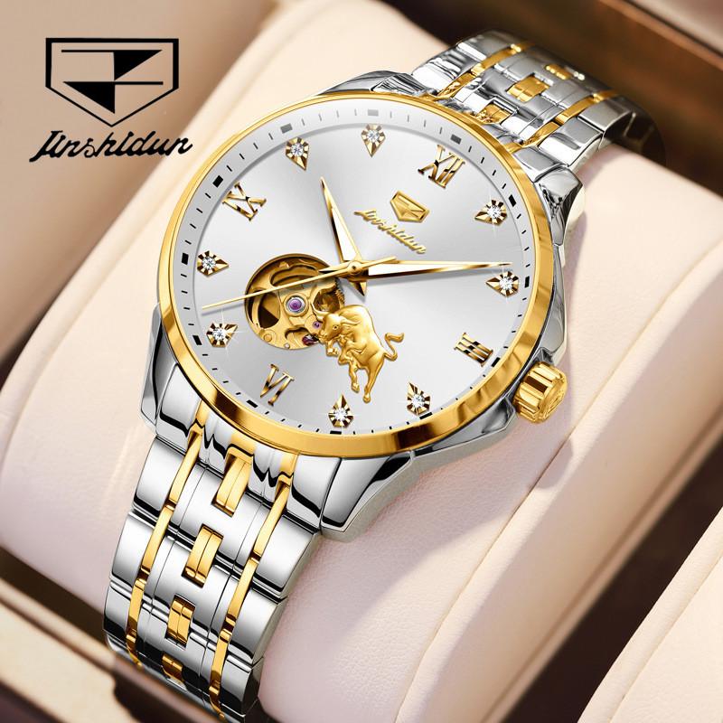 JINSHIDUN Новые мужские часы для бизнеса и отдыха, полностью автоматические механические часы, высококачественные часы с трубчатым маховиком