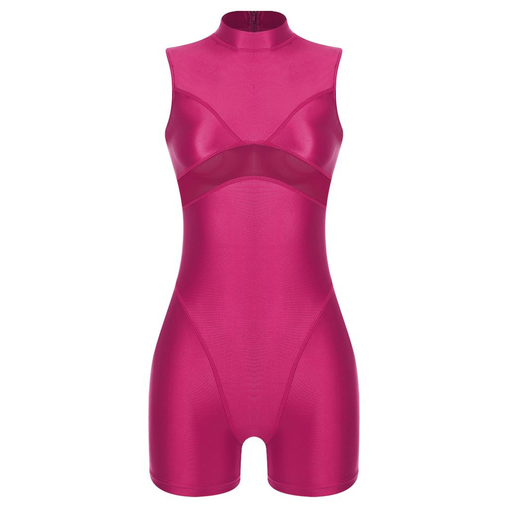 Womens Oil Shiny Bodysuit Swimwear Sheer Mesh Patchwork Mock Neck Sleeveless Back Zipper Boxer Bottom
