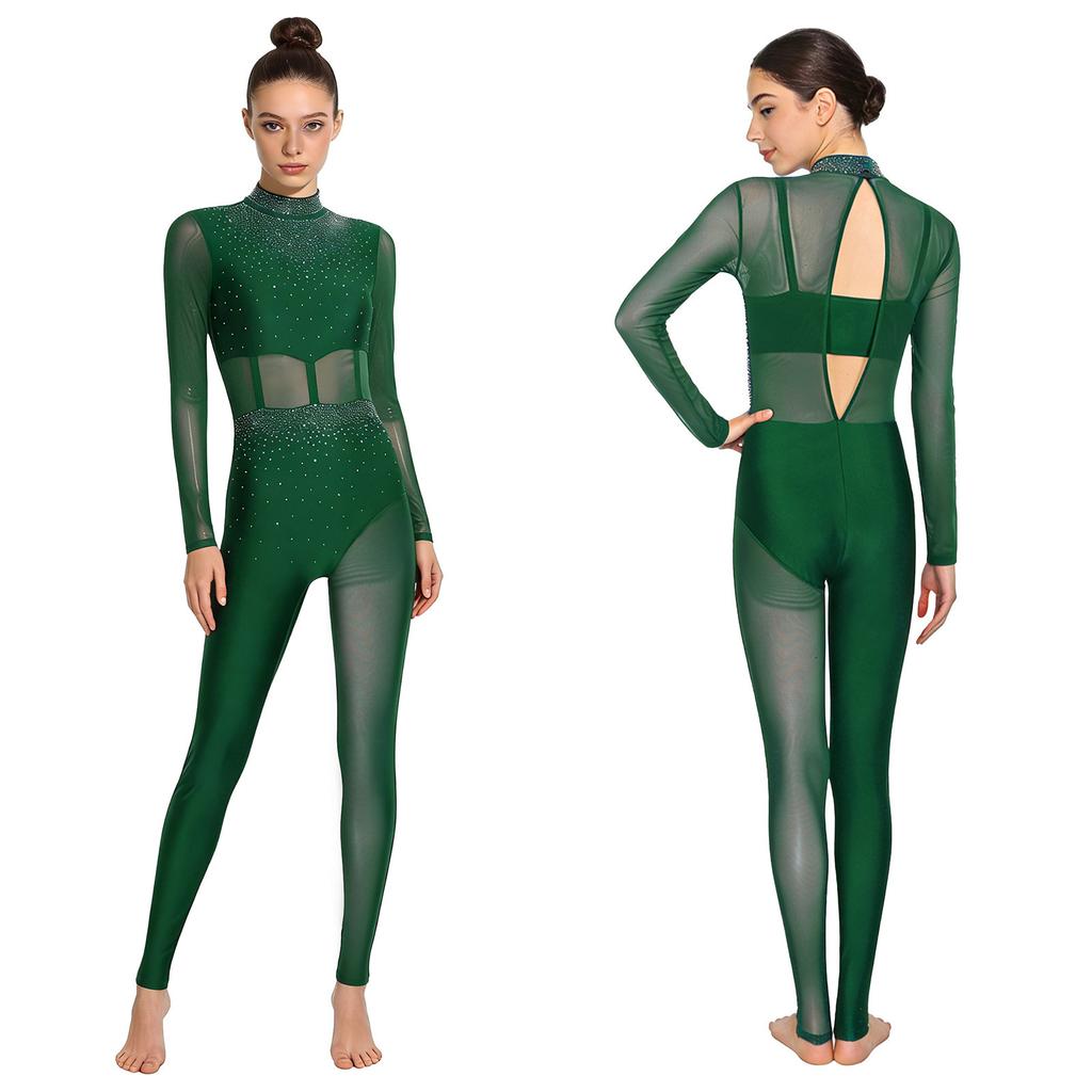 Блестящий комбинезон с полным покрытием для сцены S-XXL: Женская одежда для выступлений с прозрачными сетчатыми вставками и деталью на спине