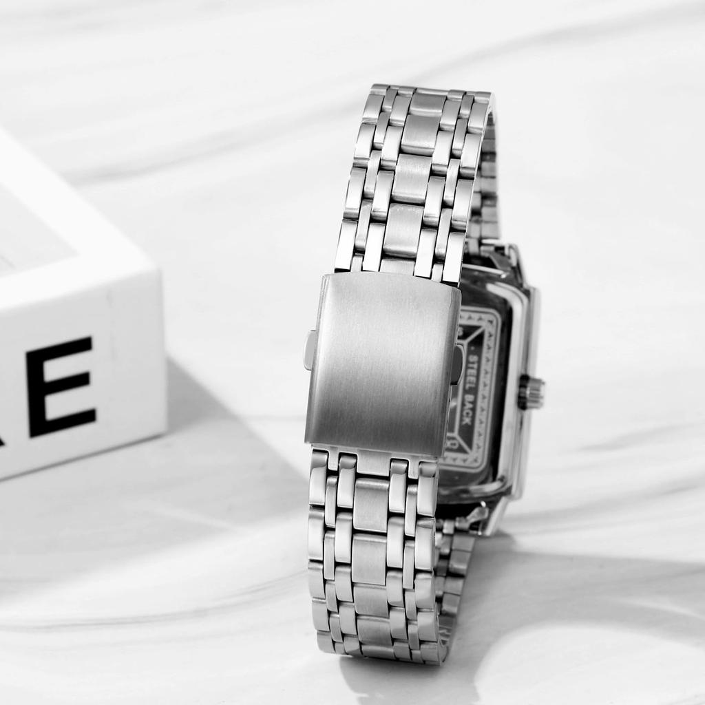 Stainless Steel Calendar Analog 3ATM Waterproof Antique Rome Stylish Pair Watch Square Quartz Watch Silver Black Fashion Accessories Birthday