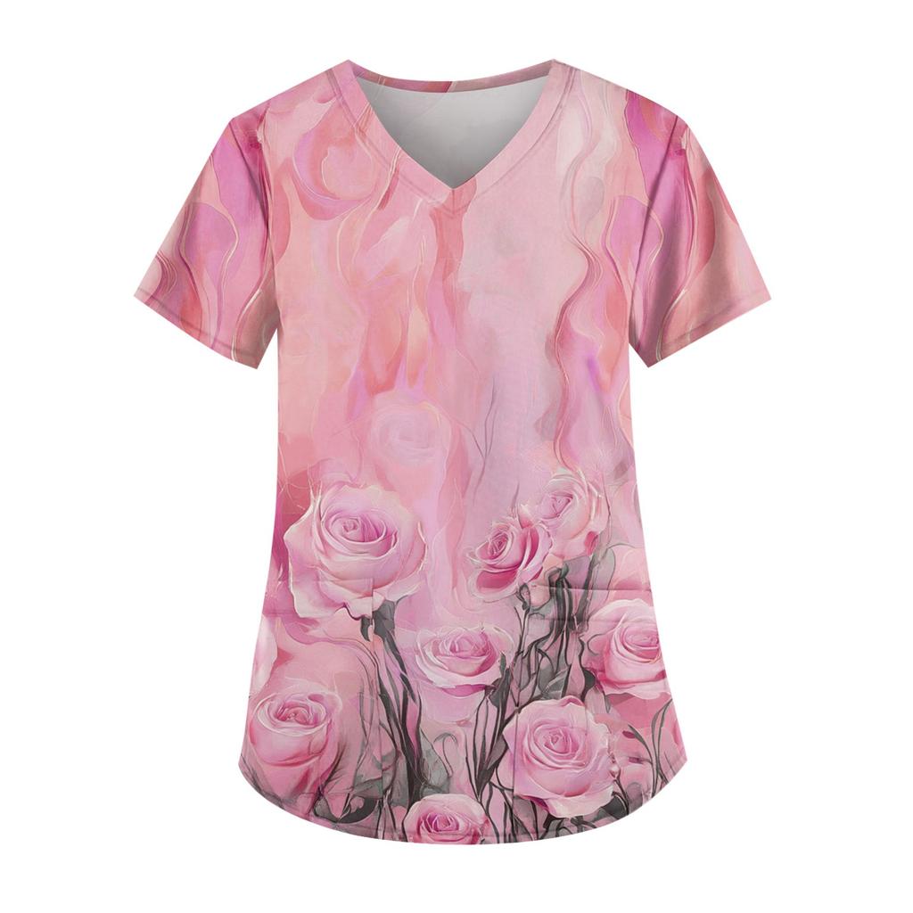 Рабочая форма больших размеров с принтом, топы для женщин, забавные футболки с v-образным вырезом и короткими рукавами, рабочая одежда, футболка с карманами