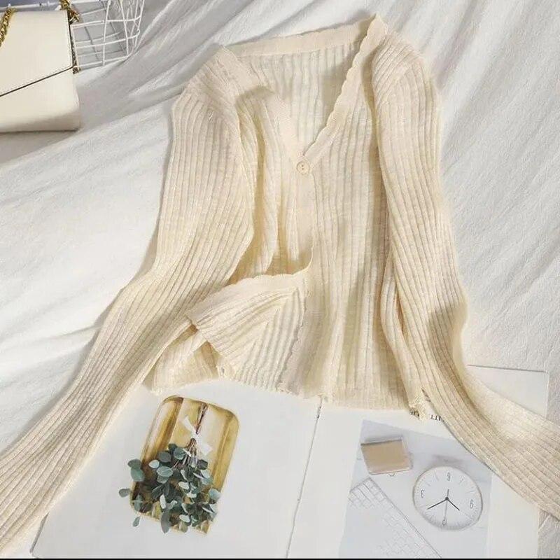 Тонкий вязаный кардиган с v-образным вырезом, милое милое женское пальто с длинным рукавом, укороченный топ с одной пряжкой, новая мода, однотонный, простой, повседневный, солнцезащитный кардиган