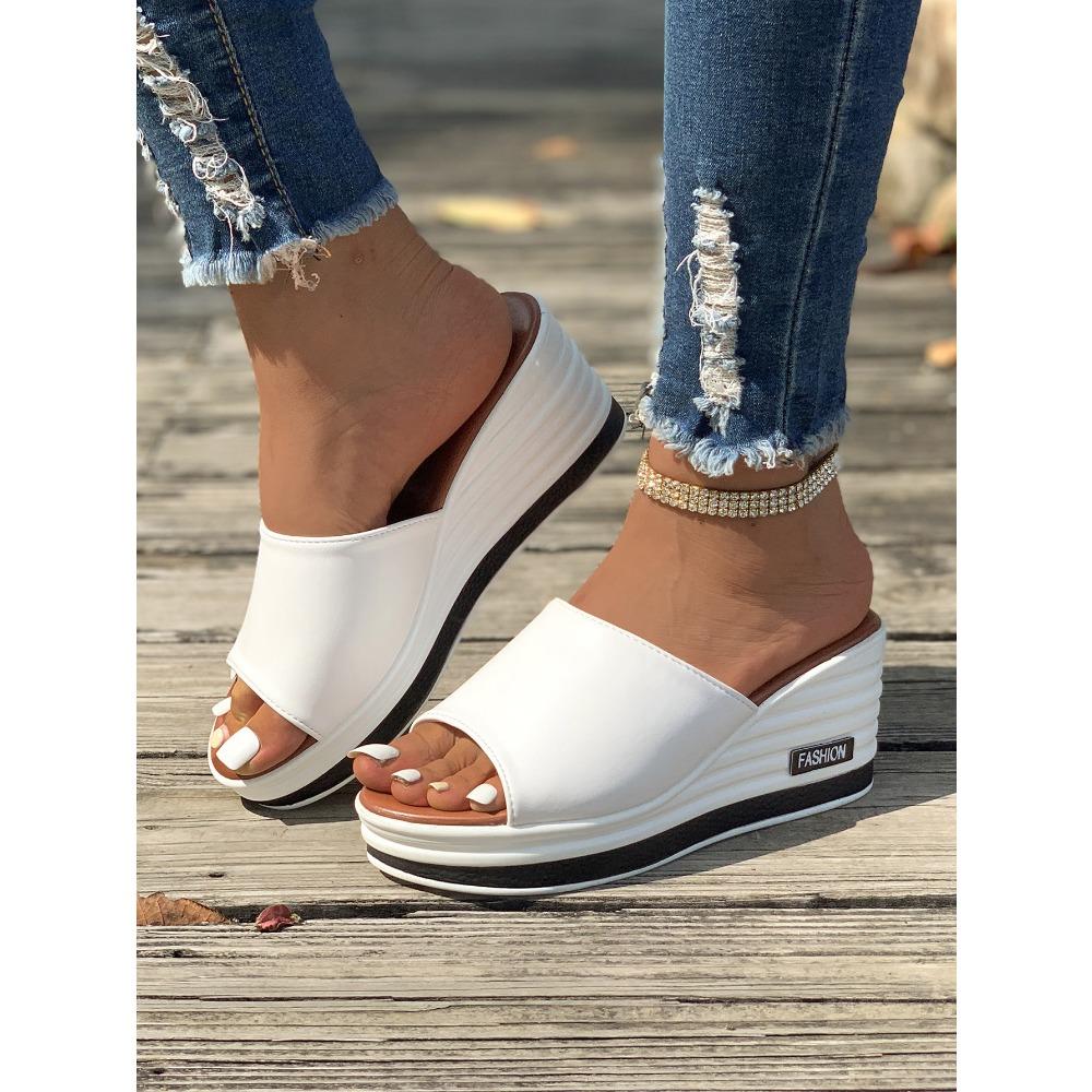 Новые летние модные модные повседневные женские тапочки на наклонном каблуке «рыбий рот» большого размера, крутые женские тапочки одной линии