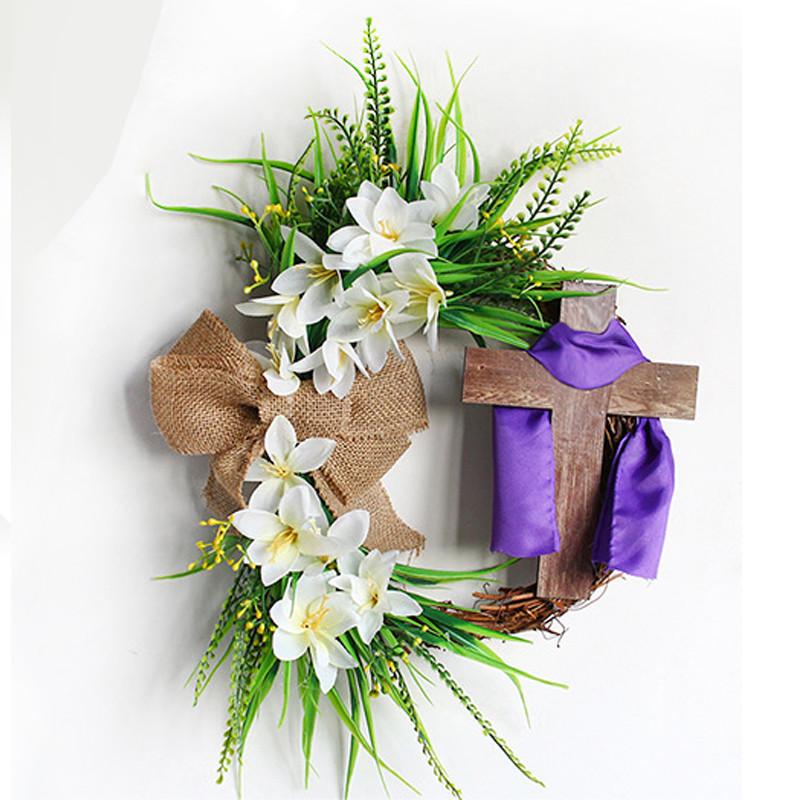Весеннее украшение Пасхальный венок с крестом и галстуком-бабочкой, деревенское украшение из виноградной лозы Весенний венок DIY Пасхальное украшение венок для входной двери