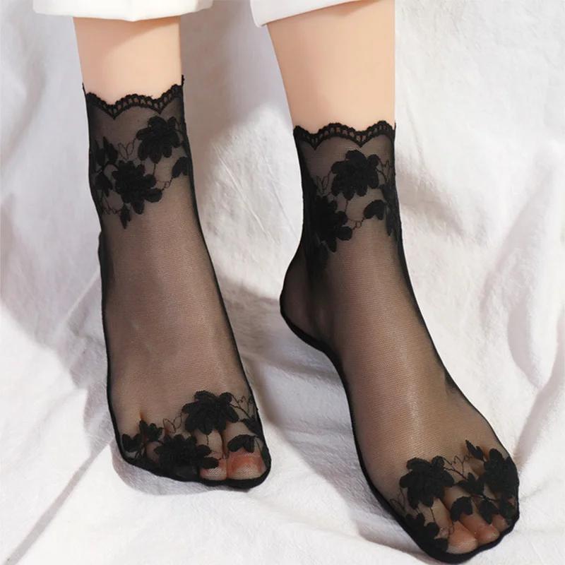Новые летние короткие носки женские сетчатые кружевные прозрачные в стиле Лолиты невидимые тонкие нескользящие короткие носки до щиколотки черные с низким вырезом носки-лодочки