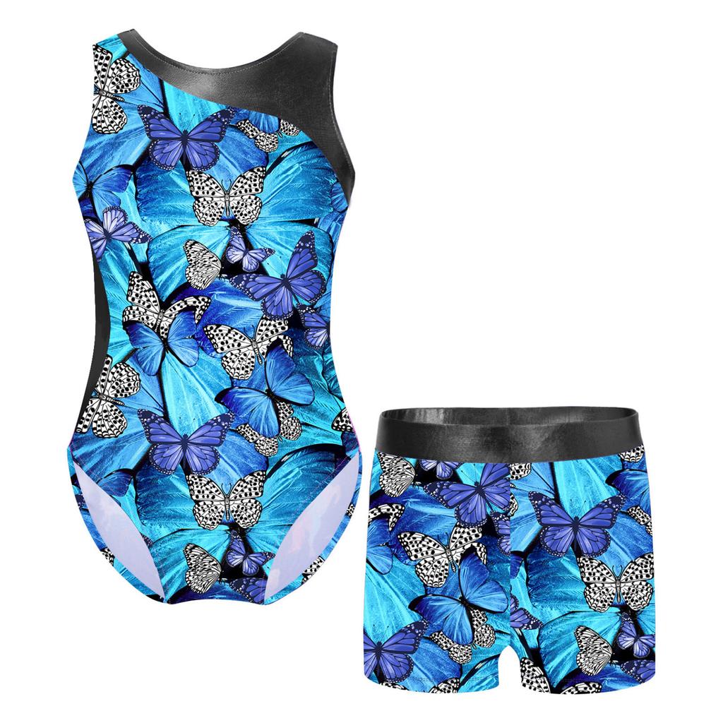 Kids Girls Gymnastics Yoga Dance Sport Sets Fancy Print Leotard and Shorts Dancewear Outfits