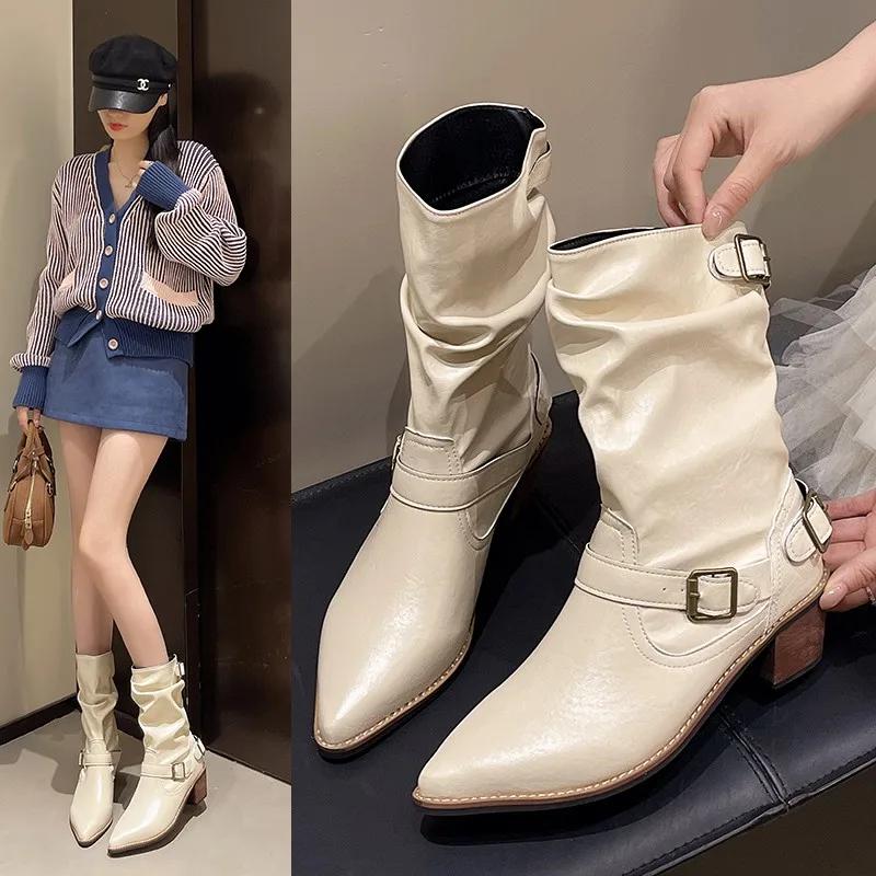 Fashion 2025 New Versatile Pointed Toe Single Boots Women Spring and Autumn New Retro Metal Buckle Soft Leather High Heel Mid-leg Boots
