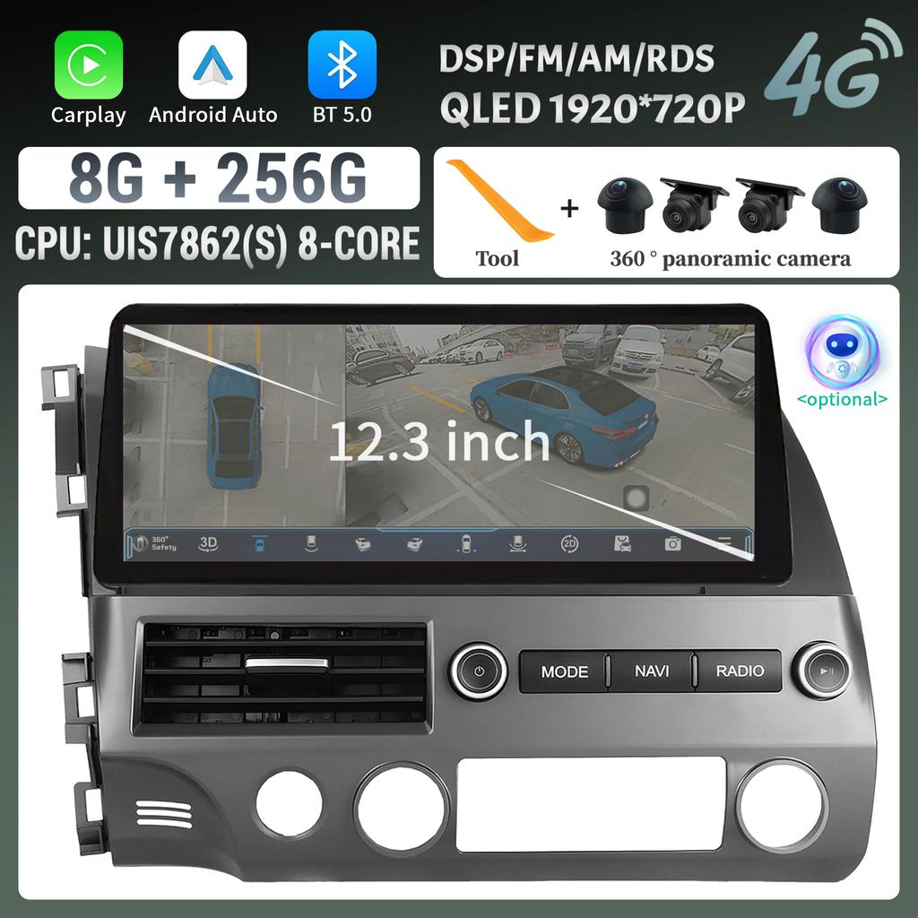 12.3" For Honda Civic 2005-2012 Car Radio Navigation Wireless BT CarPlay Android Multimedia 4G GPS Touch Head Unit Screen Stereo