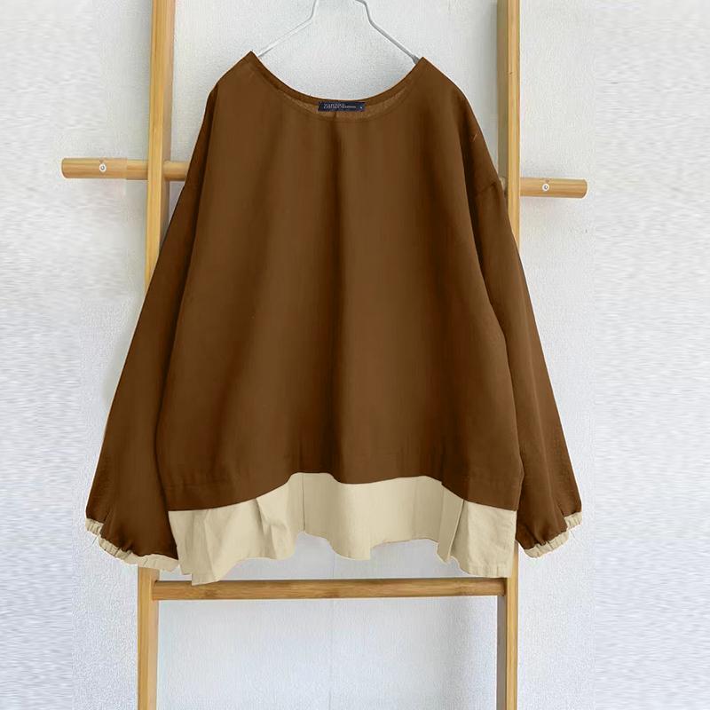 ZANZEA Женские осенние блузки с круглым вырезом и длинными рукавами в стиле колор-блок