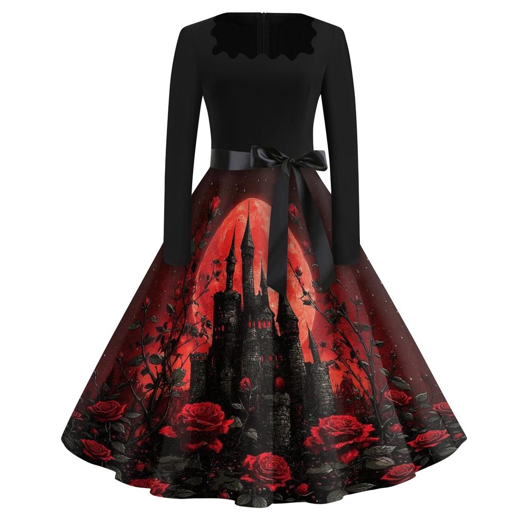 Women Casual Halloween Dress Long Sleeve Square Neck Vintage Style Fit Flare Dress with Spider Web Print and Waist Tie Belt