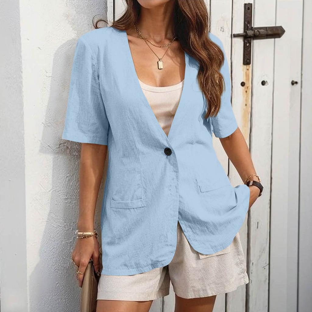 Женское Повседневное Пальто с Коротким Рукавом, V-образным Вырезом и Одной Пуговицей, Однотонное