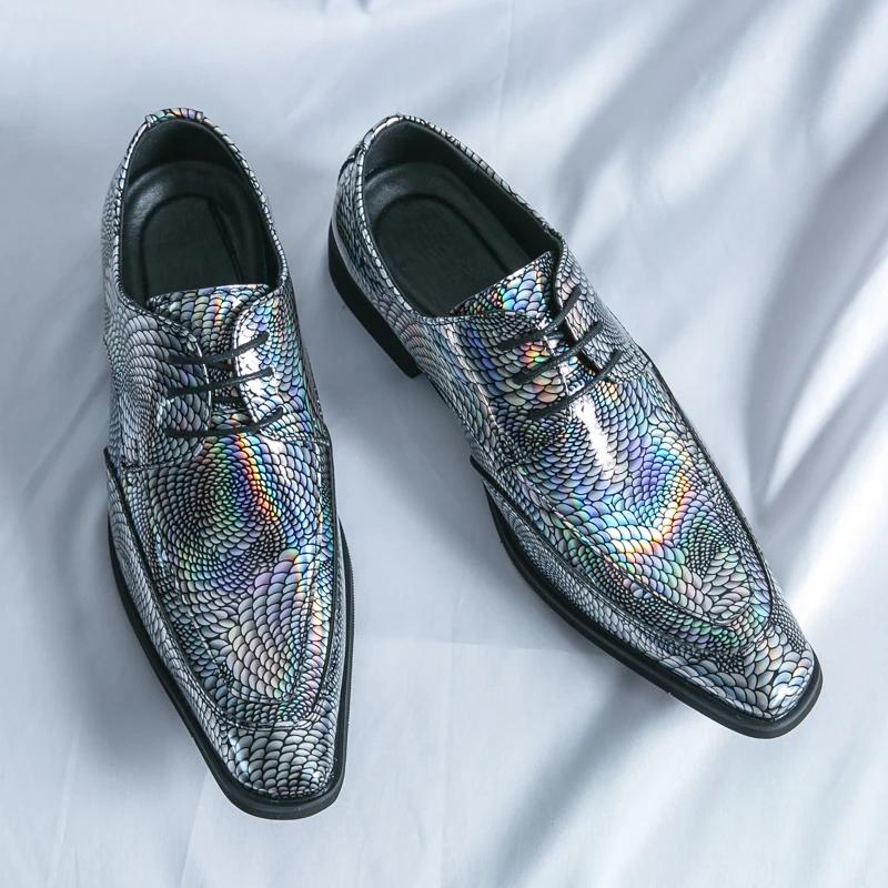 New Men Bright PU Printing Fashion Shoes Low Top Business British Casual Shoes Lace Up Classic Large Sizes 37-46 Men Shoes