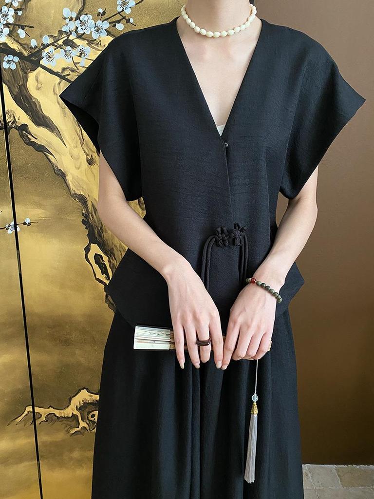 Синан Тенсел Вертикальный Крой Текстурный Топ и Юбка Комплект SN5633 - Современный Китайский Стиль