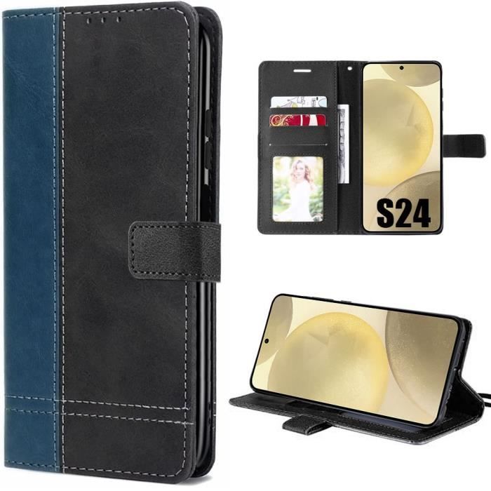Coque Flip Case - Samsung - Galaxy S24 - Synthétique - Bicolore Bleu Marine-Noir - Protection Mixte