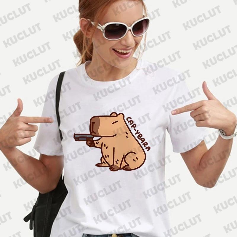 Cute Capybara Anime Women's T-shirt Casual Ulzzang Short Sleeve Tees Cartoon Graphic Y2K Tops Female Blouse Aesthetic Clothing