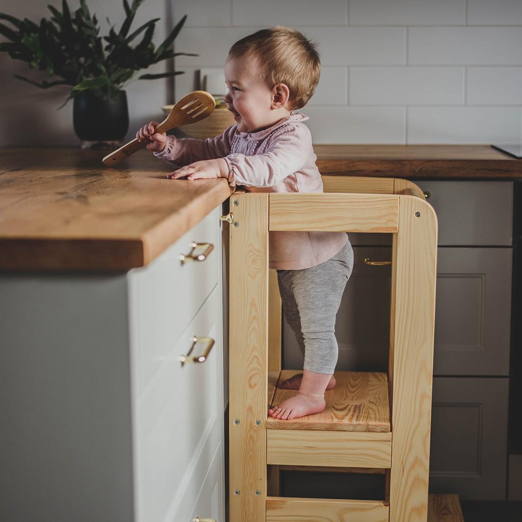 MeowBaby ® Деревянный помощник на кухне для детей Стремянка с доской, Натуральное дерево