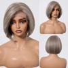 Short Straight Bob 13*6 Lace Synthetic Wigs Brown White Highlights Wig For Women Natural Hairline Free Parting Heat Resistant
