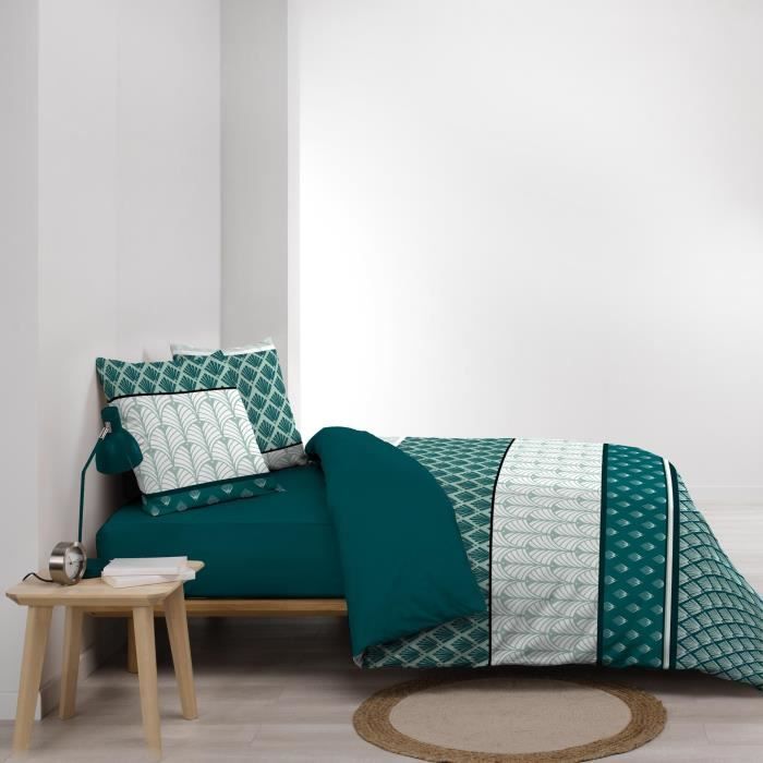 Housse couette + 2 taies polycoton 220 x 240 cm Strie emeraude
