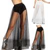 Sexy Perspective Skirt Elastic High Waist Pleated Lace Mesh Yarn Skirt Shiny Rhinestones Decor Maxi Skirt Nightclub Daily Wear