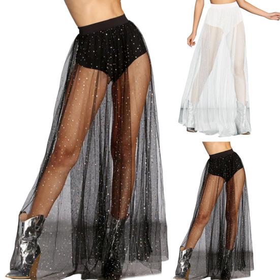 Сексуальная юбка с перспективой Эластичная юбка с высокой талией Плиссированная кружевная юбка из сетчатой пряжи Декор из блестящих страз Макси