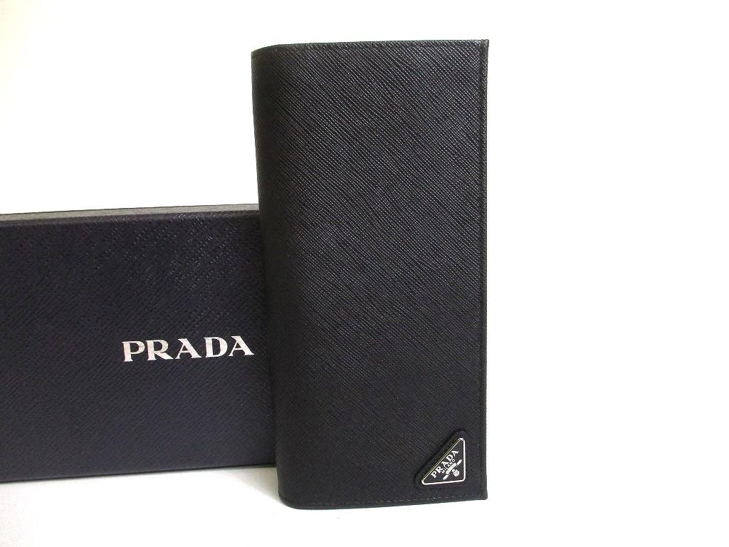 Authentic PRADA Saffiano Triangle Black Leather Bifold Long Flap Wallet #b088 Seller refurbished
