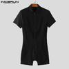 INCERUN Men Short Sleeve Mesh Sheer Patchwork Fitted Jumpsuits Romper Bodysuits Pajamas
