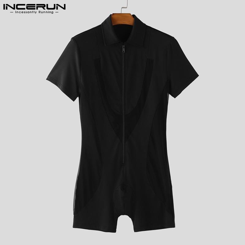 INCERUN Men Short Sleeve Mesh Sheer Patchwork Fitted Jumpsuits Romper Bodysuits Pajamas