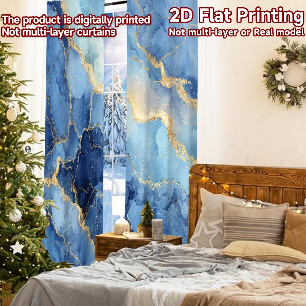 2 шт., Шторы с плоской 2D-печатью (Без Рода) Синие Мраморные Прожилки Праздничные Хэллоуин Рождественские Принтованные Шторы Универсальные Прочные