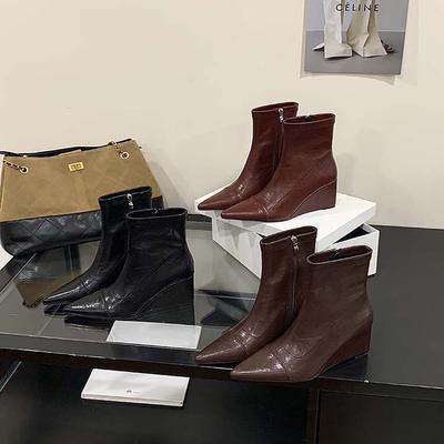 Ботильоны на танкетке, на высоком каблуке, 2025, новая коллекция осень-зима, остроносые, эластичные, тонкие ботильоны, черные, ретро, универсальные ботинки Мартин, женские