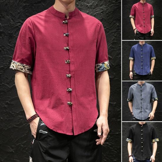 Мужская весенняя рубашка в китайском стиле с воротником-стойкой и принтом на манжетах с коротким рукавом, сплошной цвет, однобортный узел, пуговицы, неровный подол, кардиган средней длины, топ