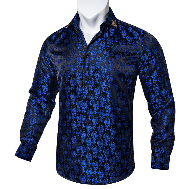 Mens Long Sleeve Shirt Black Design Casual Shirt Silk Paisley Shirt Collar Pin Luxury Mens Fashion
