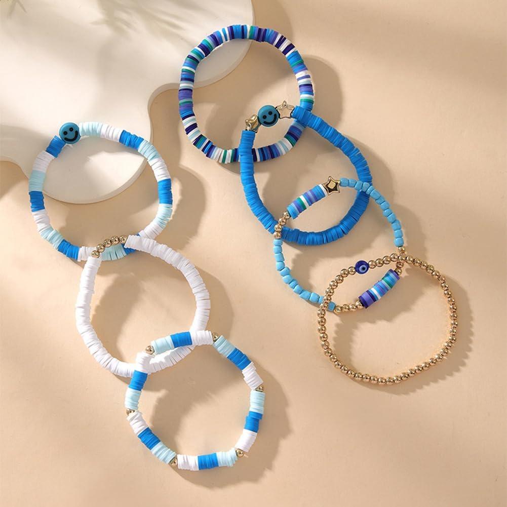 Набор из 7 шт. Комбо Новейшие Стильные Пляжные Серферские Браслеты | Многослойные Богемные Браслеты из Бисера Стретч со Смайликом, Сердцем, Звездой